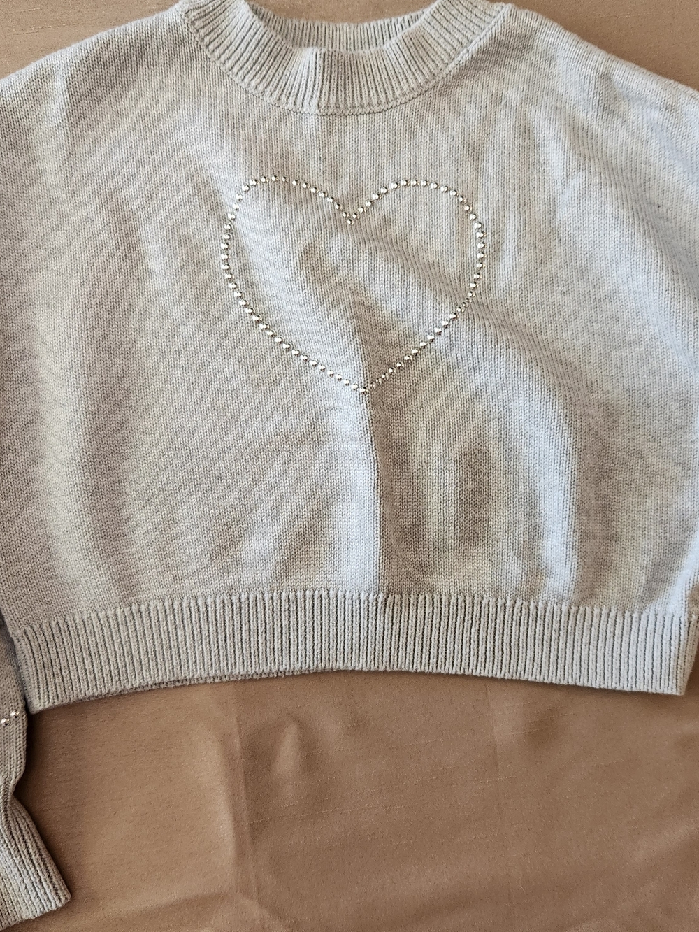 NYC Cream Rhinestone Heart Crewneck Sweater